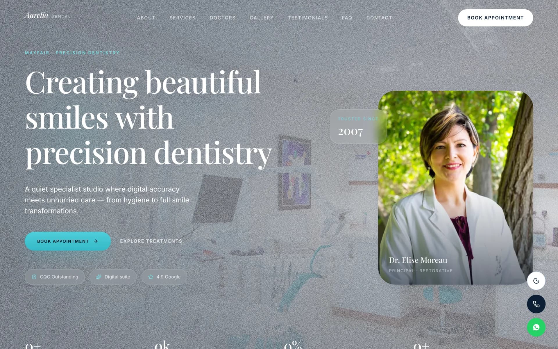 Live Aurelia Dental homepage — Mayfair precision dentistry hero, clinician portrait, and Book Appointment