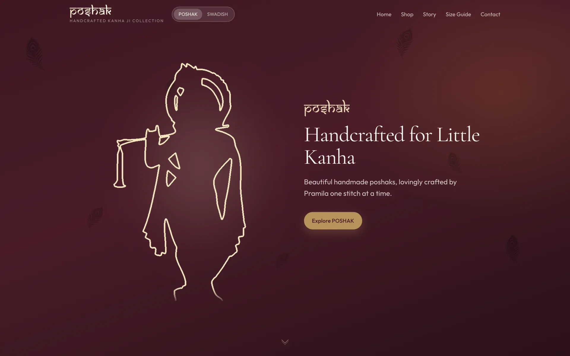 Live POSHAK homepage — handcrafted Kanha Ji collection hero, brand switcher, and Explore CTA