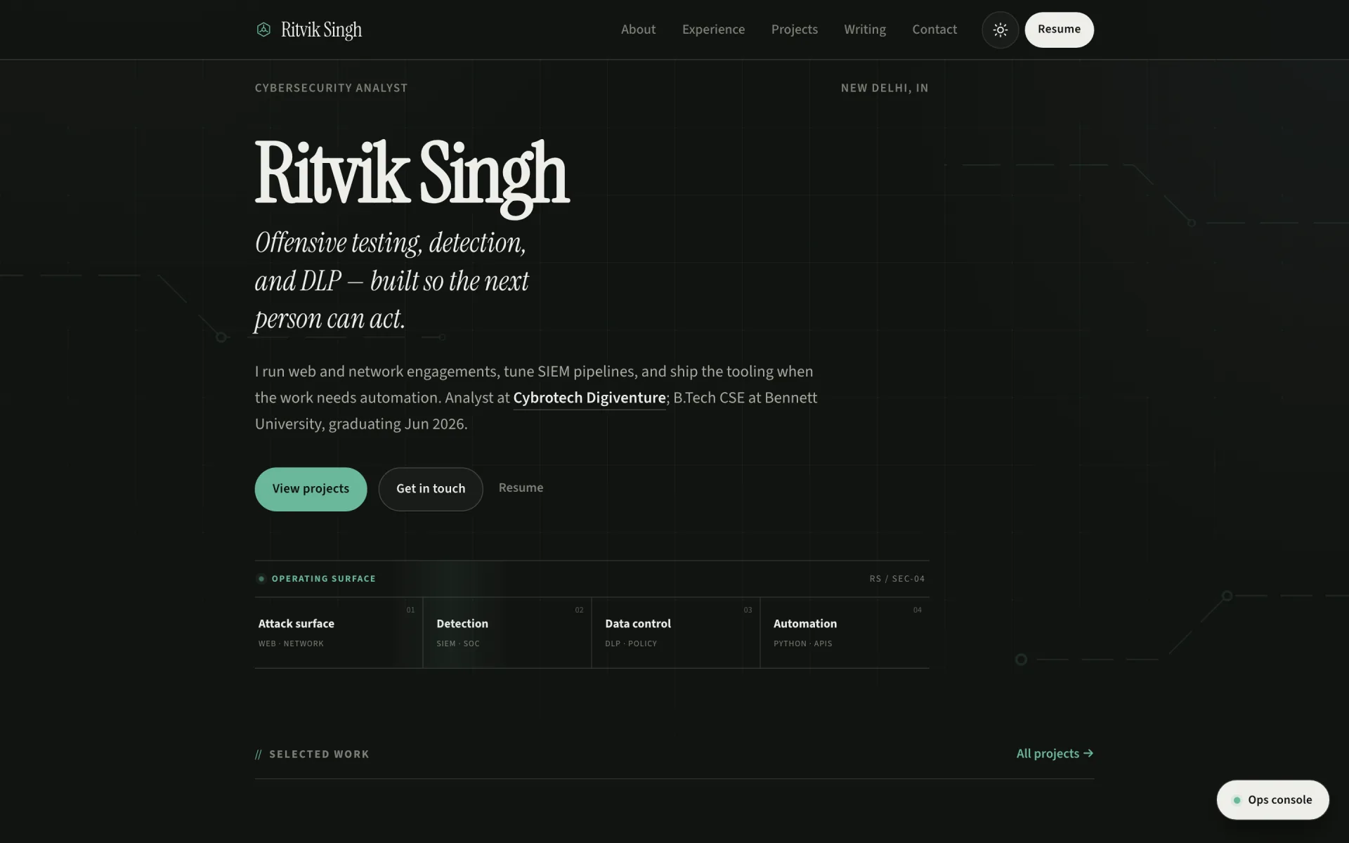 Live homepage of Ritvik Singh’s cybersecurity portfolio — analyst hero, operating surface, and selected work