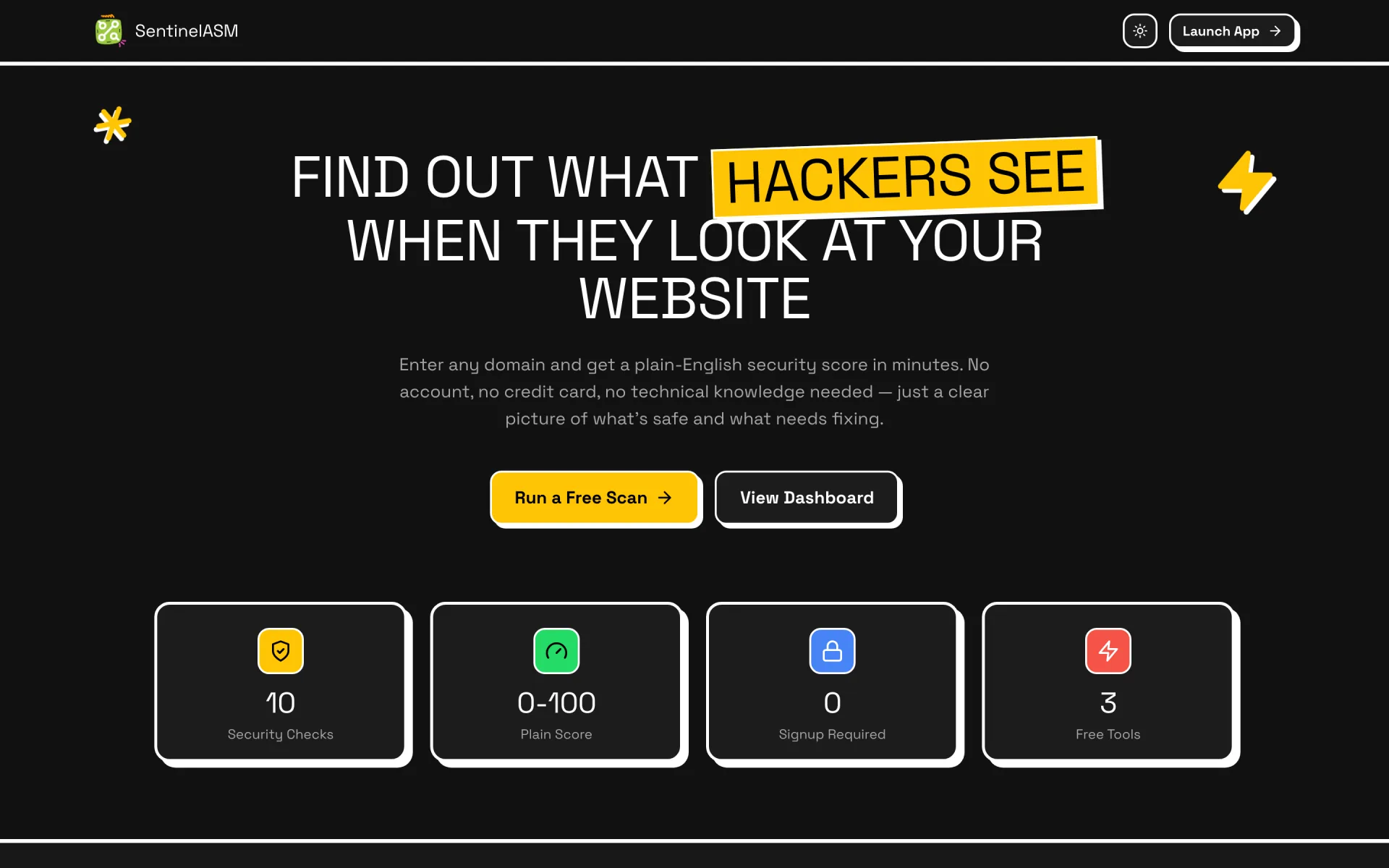 Live Sentinel homepage — find what hackers see headline, free scan CTA, and security-check cards