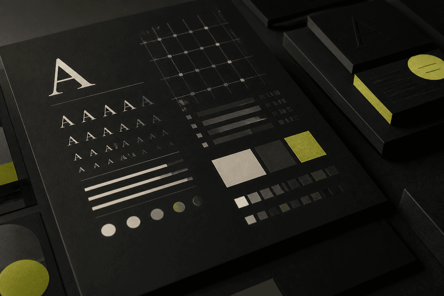 Editorial still life of a dark design system with cream and chartreuse accents